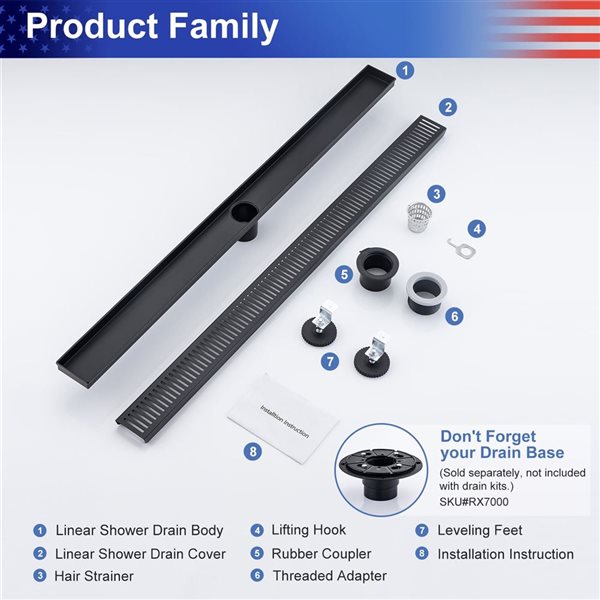 RAINLEX 36-in W Linear Stainless Steel Kitchen Sink Drain - Matte Black