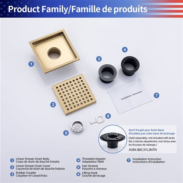 RAINLEX 6-in W Linear Stainless Steel Shower Drain - Brushed Gold