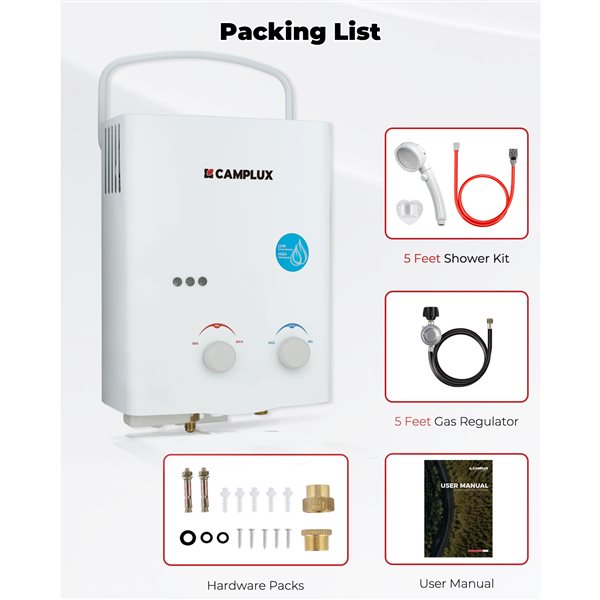Camplux 1.32-GPM Portable Outdoor Tankless Water Heater with Shower Kit 34K-BTU White