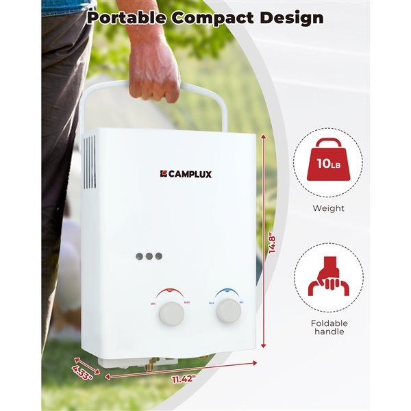 Camplux 1.32-GPM Portable Outdoor Tankless Water Heater with Shower Kit 34K-BTU White