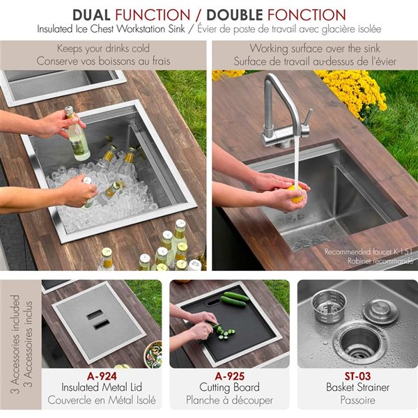 Stylish 20-in Stainless Steel Single Bowl Insulated Ice Chest Workstation Sink - Centre Drain