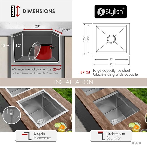Stylish 20-in Stainless Steel Single Bowl Insulated Ice Chest Workstation Sink - Centre Drain