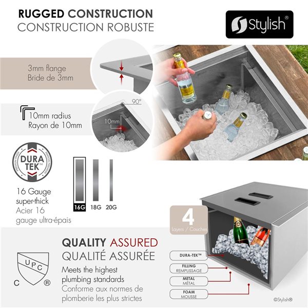 Stylish 20-in Stainless Steel Single Bowl Insulated Ice Chest Workstation Sink - Centre Drain