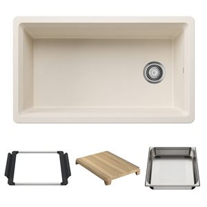 Évier de cuisine Inteos Silgranit 33 po de BLANCO à cuve unique réversible sous plan avec station de travail, blanc doux