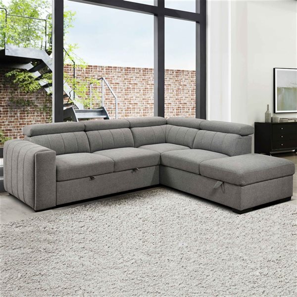 Primo International Nello 101-in Light Grey Polyester Right-Facing Sleeper Sectional Sofa Bed