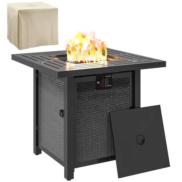 Outsunny Square Natural Gas Steel Fire Pit Table w/ Waterproof Cover - Black