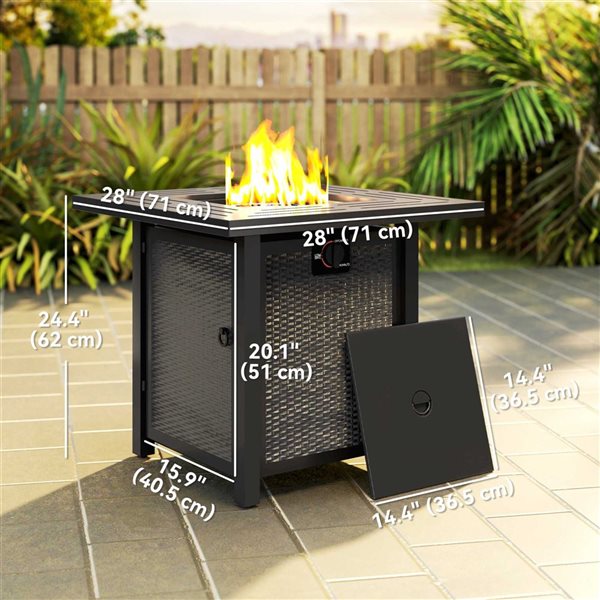 Outsunny Square Natural Gas Steel Fire Pit Table w/ Waterproof Cover - Black