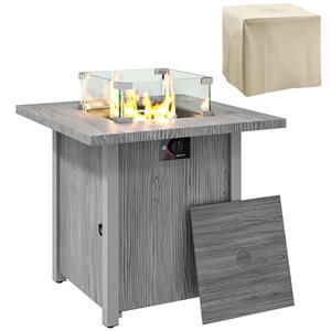 Outsunny Liquid Propane Stainless Steel Fire Pit Table w/ Wind Protection and Waterproof Cover - Grey Wood Grain
