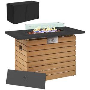Outsunny Liquid Propane Steel Fire Pit Table w/ Glass Wind Guard 50,000 BTU - Natural Wood Finish