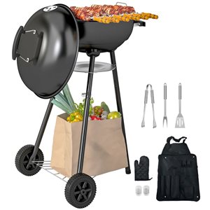 Outsunny 17-in Kettle Charcoal BBQ w/ BBQ Utensil Set - Black