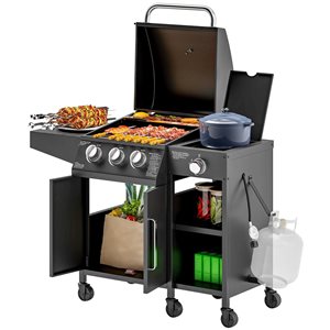 Outsunny 3-Burner Propane Barbecue w/ Side Burner and Wheels 37,000 BTU - Black