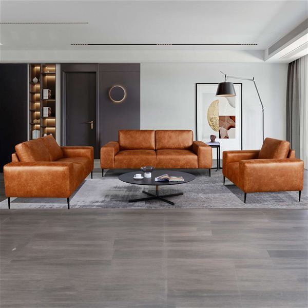 Primo International Shonda 84-in W Tan Faux Leather Modern Sofa w/ Black Metal Legs