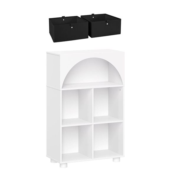 RiverRidge Home Arched 4-Cubby Shoe Organizer Cabinet w/ 2 Black Fabric Bins - White