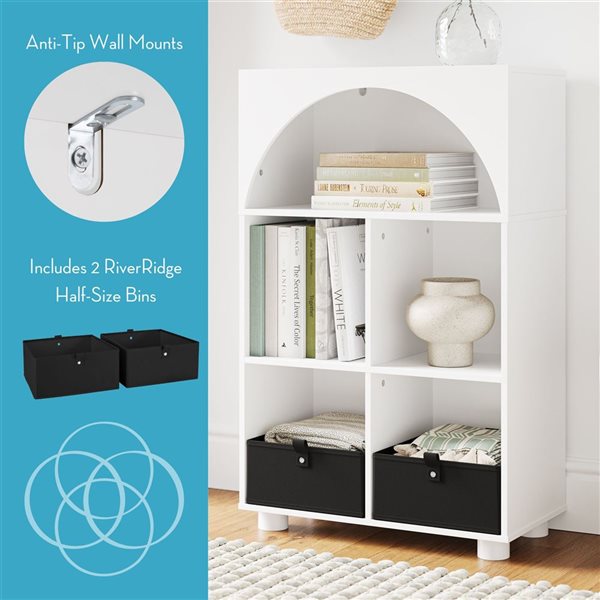 RiverRidge Home Arched 4-Cubby Shoe Organizer Cabinet w/ 2 Black Fabric Bins - White