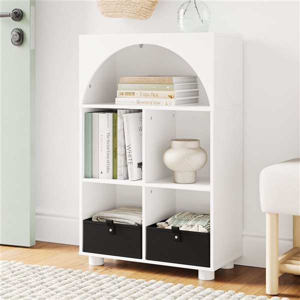 RiverRidge Home Arched 4-Cubby Shoe Organizer Cabinet w/ 2 Black Fabric Bins - White