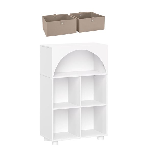 RiverRidge Home Arched 4-Cubby Shoe Organizer Cabinet w/ 2 Taupe Fabric Bins - White