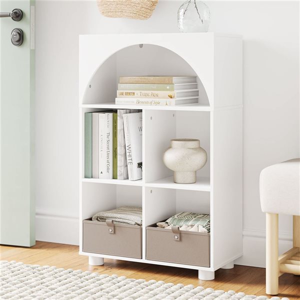 RiverRidge Home Arched 4-Cubby Shoe Organizer Cabinet w/ 2 Taupe Fabric Bins - White