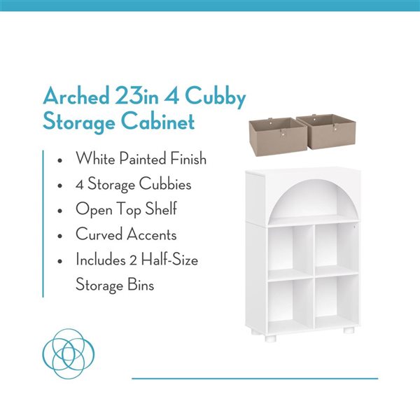 RiverRidge Home Arched 4-Cubby Shoe Organizer Cabinet w/ 2 Taupe Fabric Bins - White