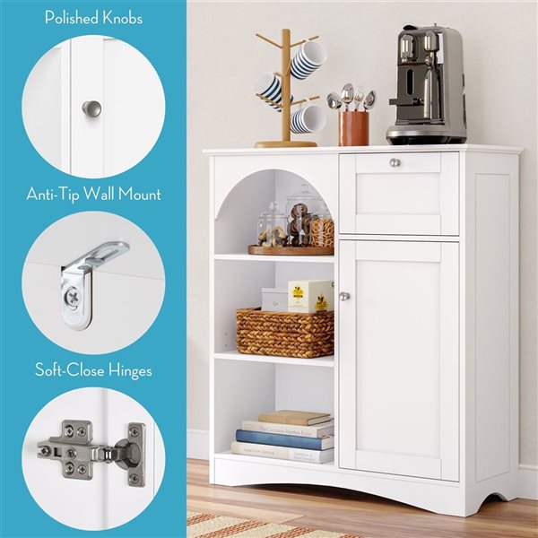 RiverRidge Home Kitchen Sideboard Kitchen Cabinet w/ 1 Door and 1 Drawer + Adjustable Shelves - White