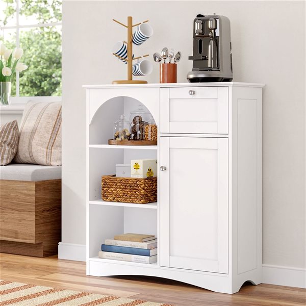 RiverRidge Home Kitchen Sideboard Kitchen Cabinet w/ 1 Door and 1 Drawer + Adjustable Shelves - White