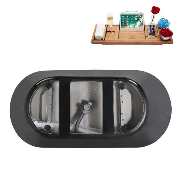 Streamline 67-in Glossy Black Freestanding Oval Bathtub and Tray w/ Polished Brass Centre Pop-Up Drain - 53-gal.