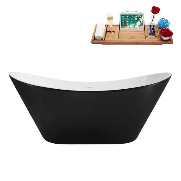 Streamline 67-in Glossy Black Freestanding Oval Bathtub and Tray w/ Polished Brass Centre Pop-Up Drain - 53-gal.