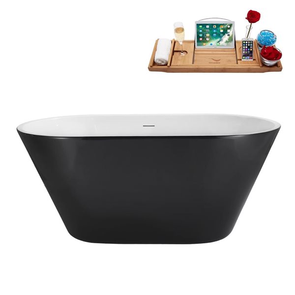 Streamline 54-in Glossy Black Freestanding Oval Bathtub and Tray w/ Polished Brass Centre Pop-Up Drain - 46-gal.