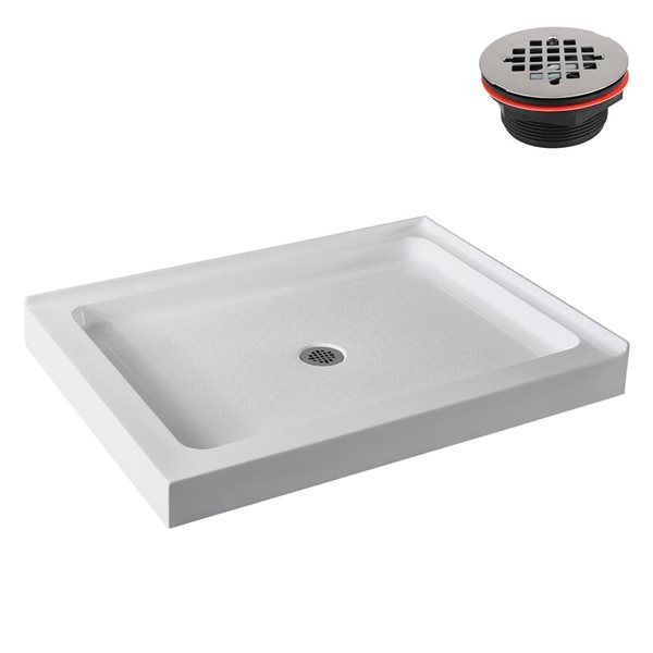 Streamline 48 x 36-in Glossy White Acrylic Corner Shower Base w/ Centre Drain - Drain Included