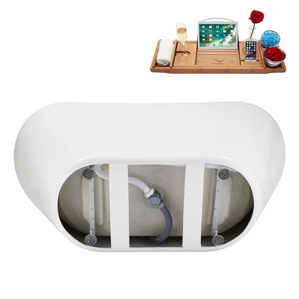 Streamline 67-in Glossy White Freestanding Oval Bathtub and Tray w/ Brushed Gold Centre Pop-Up Drain - 53-gal.