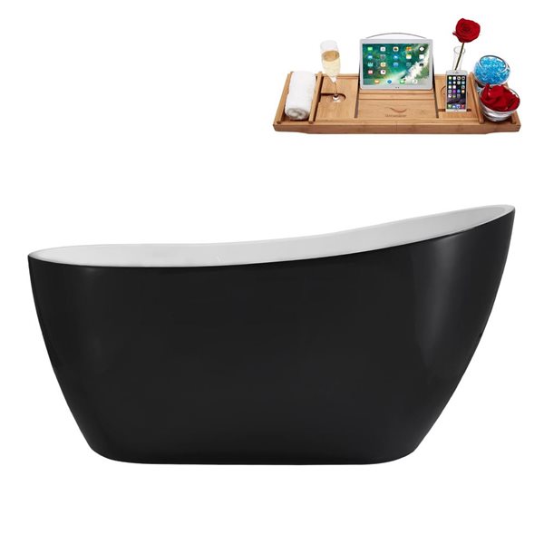 Streamline 55-in Glossy Black Freestanding Reversible Oval Bath and Tray w/ Brushed Gunmetal Pop-Up Drain - 48-gal.
