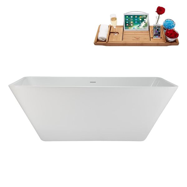 Streamline 63-in Glossy White Freestanding Bathtub and Tray w/ Brushed Brass Centre Pop-Up Drain -  60-gal.