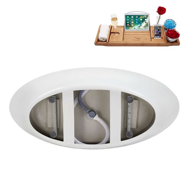 Streamline 71-in Glossy White Freestanding Oval Bathtub and Tray w/ Brushed GunMetal Centre Pop-Up Drain - 53-gal.