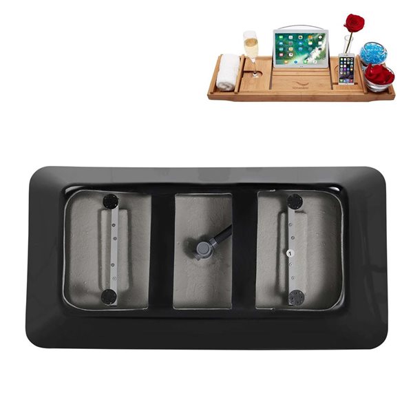 Streamline 63-in Glossy Black Freestanding Bathtub and Tray w/ Polished Chrome Centre Pop-Up Drain - 60-gal.
