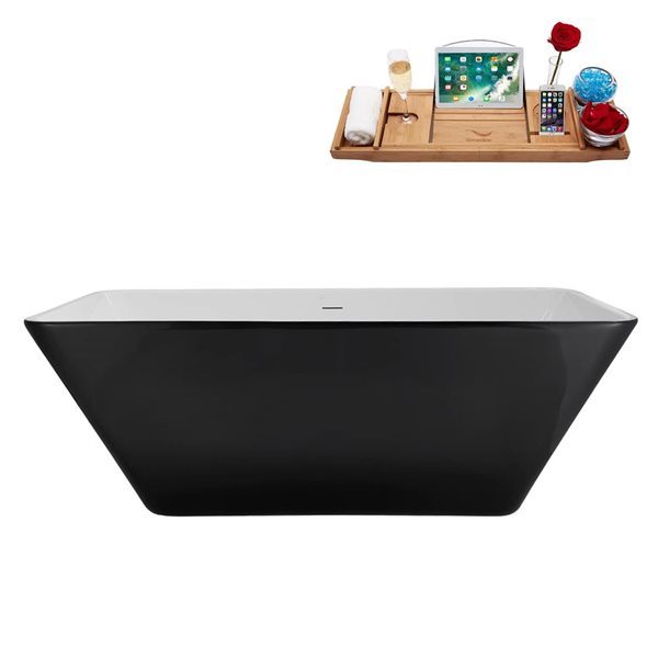 Streamline 63-in Glossy Black Freestanding Bathtub and Tray w/ Polished Chrome Centre Pop-Up Drain - 60-gal.