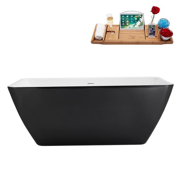 Streamline 59-in Glossy Black Freestanding Bathtub and Tray w/ Polished Brass Centre Pop-Up Drain - 60-gal.