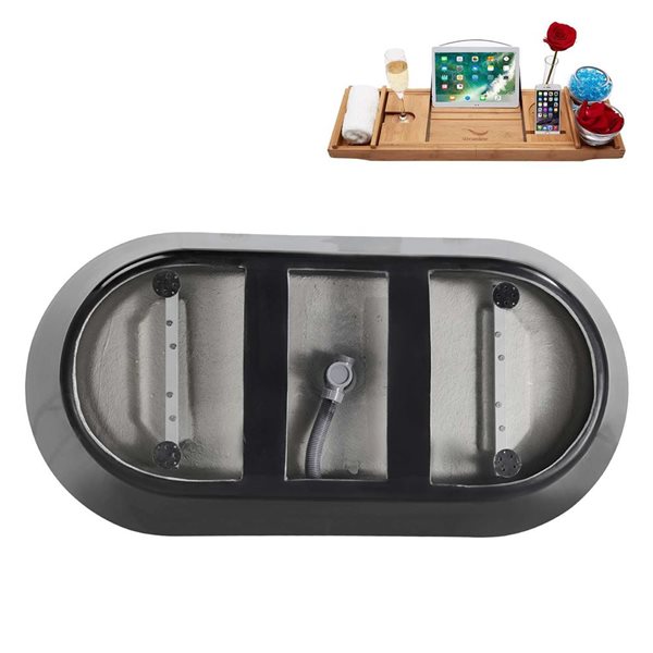 Streamline 59-in Glossy Black Freestanding Oval Bathtub and Tray w/ Polished Chrome Centre Pop-Up Drain - 53-gal.