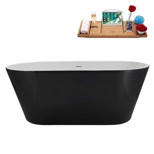 Streamline 59-in Glossy Black Freestanding Oval Bathtub and Tray w/ Matte Black Centre Pop-Up Drain - 53-gal.