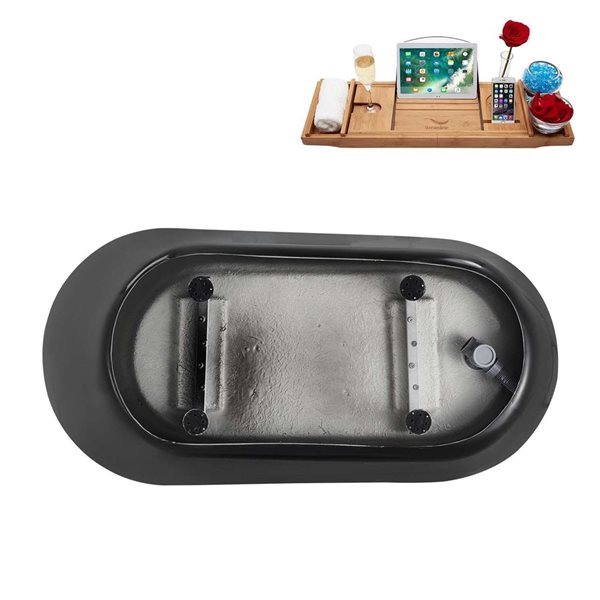 Streamline 55-in Glossy Black Freestanding Reversible Oval Bath and Tray w/ Brushed Gold Pop-Up Drain - 48-gal.