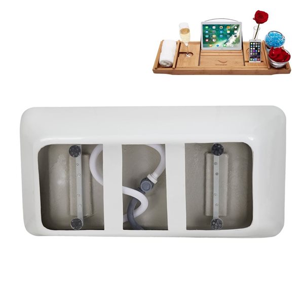 Streamline 59-in Glossy White Freestanding Bathtub and Tray w/ Brushed Gold Centre Pop-Up Drain - 60-gal.