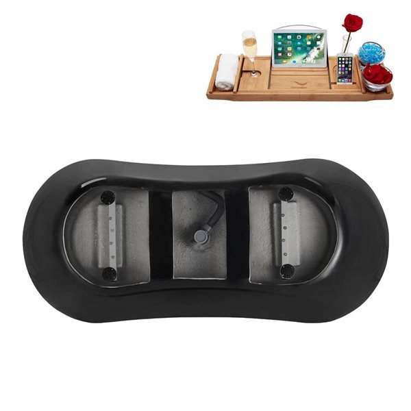 Streamline 71-in Glossy Black Freestanding Oval Bathtub and Tray w/ Glossy White Centre Pop-Up Drain - 66-gal.