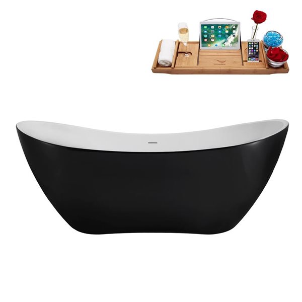 Streamline 71-in Glossy Black Freestanding Oval Bathtub and Tray w/ Glossy White Centre Pop-Up Drain - 66-gal.