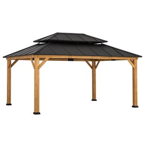 Abri de jardin 12 x 16 pi par Sunjoy avec cadre en cèdre brun et toit rigide en acier à 2 niveaux