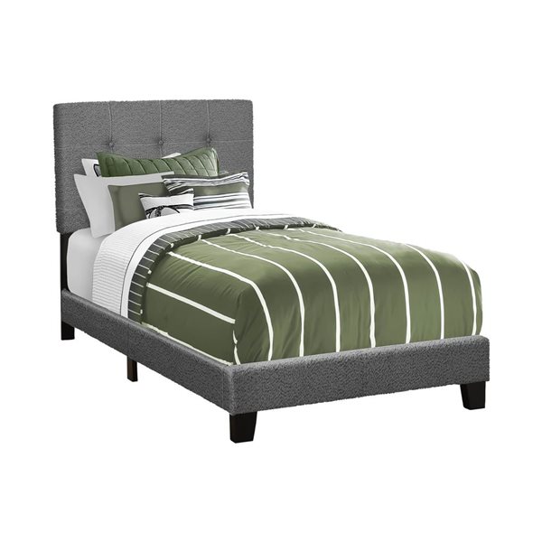 Monarch Specialties Dark Grey Fabric Upholstered Bed Frame w/ Button-Tufted Headboard - Twin