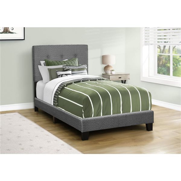 Monarch Specialties Dark Grey Fabric Upholstered Bed Frame w/ Button-Tufted Headboard - Twin