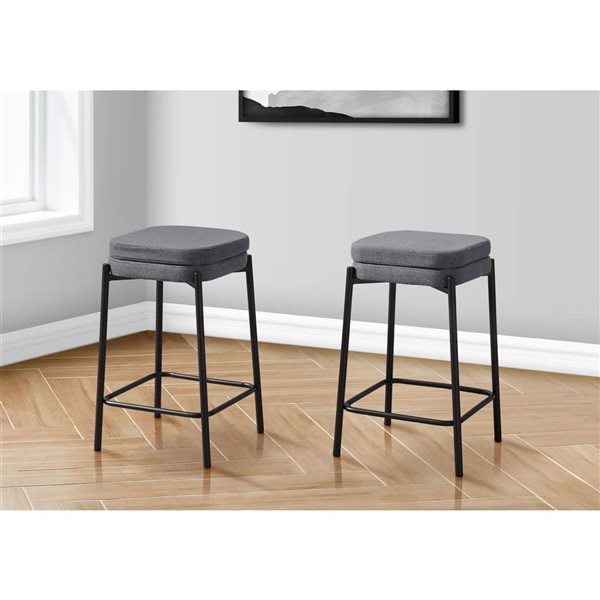 Monarch Specialties Grey Fabric/Black Metal Modern Counter Height Barstool - Set of 2