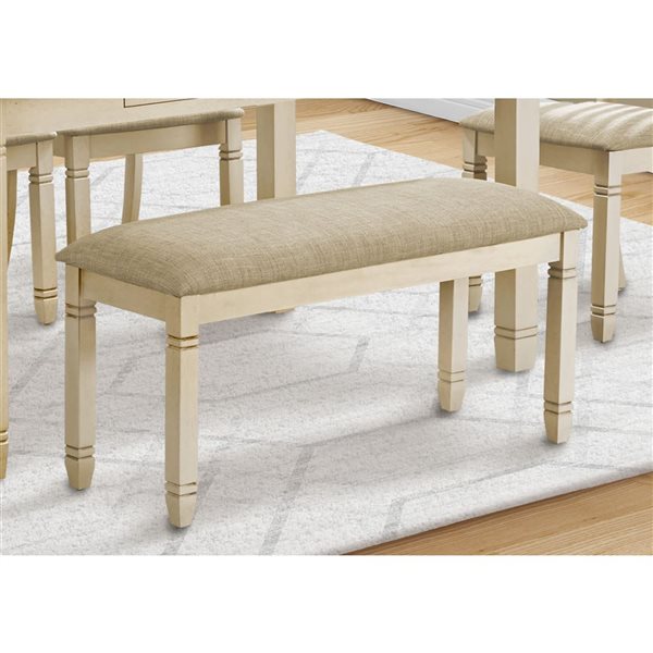 Monarch Specialties 41-in L Antique White Wood/Beige Fabric Rectangular Upholstered Dining Room Bench