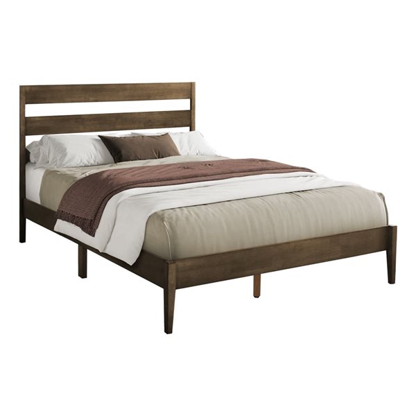 Monarch Specialties Walnut Wood Contemporary Platform Bed Frame w/ Horizontal Slatted Headboard - Queen