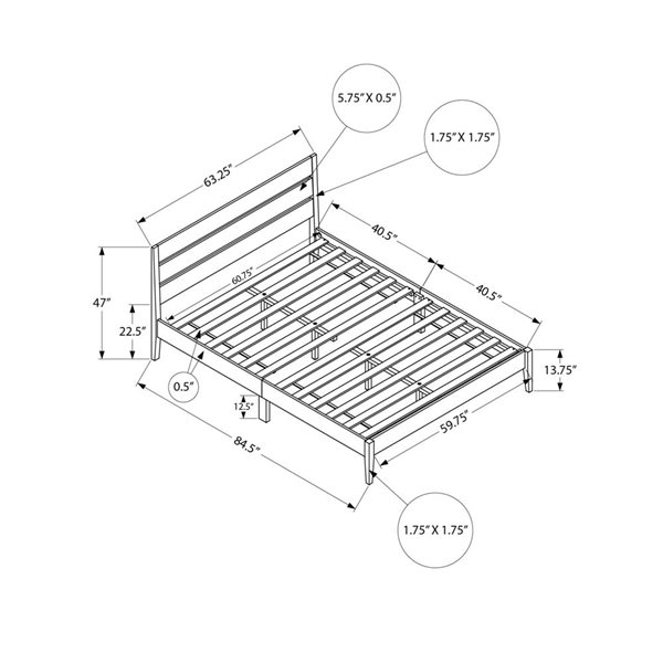 Monarch Specialties Walnut Wood Contemporary Platform Bed Frame w/ Horizontal Slatted Headboard - Queen