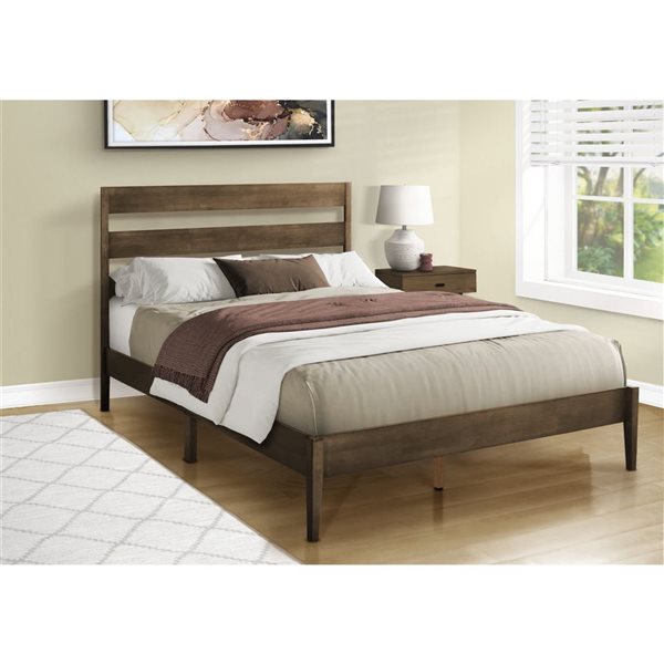 Monarch Specialties Walnut Wood Contemporary Platform Bed Frame w/ Horizontal Slatted Headboard - Queen