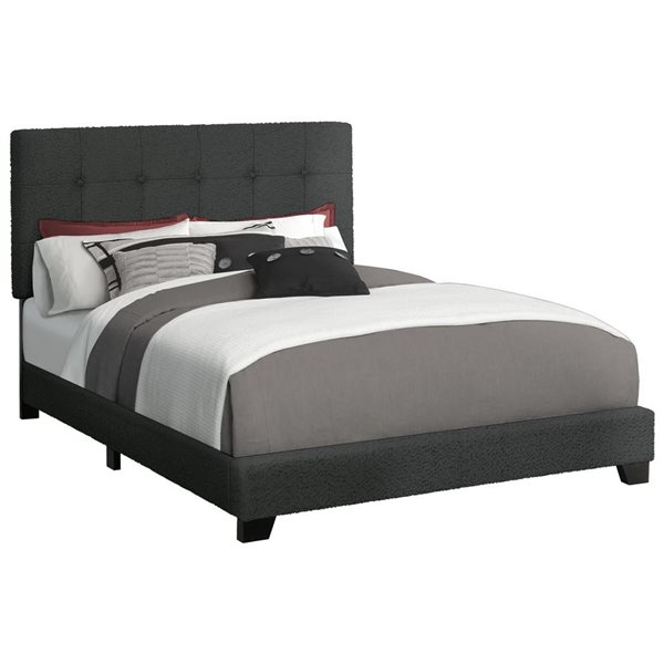 Monarch Specialties Black Fabric Upholstered Bed Frame w/ Button-Tufted Headboard - Queen